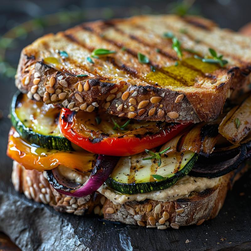 Close-up of a grilled vegetable and hummus sandwich with visible bread, vegetables, and hummus.