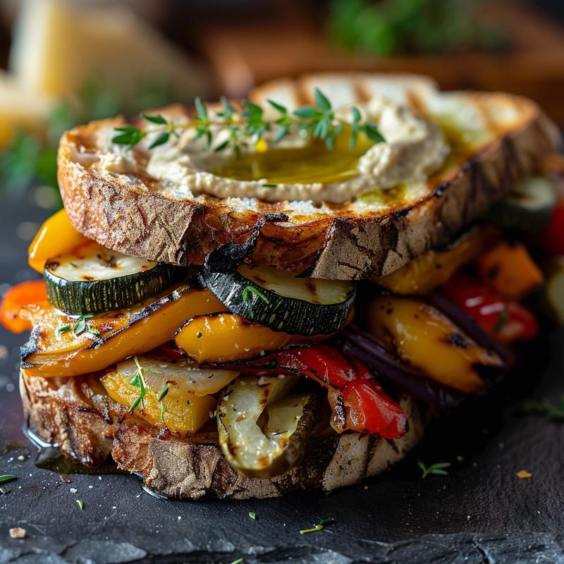 Close-up of a grilled vegetable and hummus sandwich on dark stone.