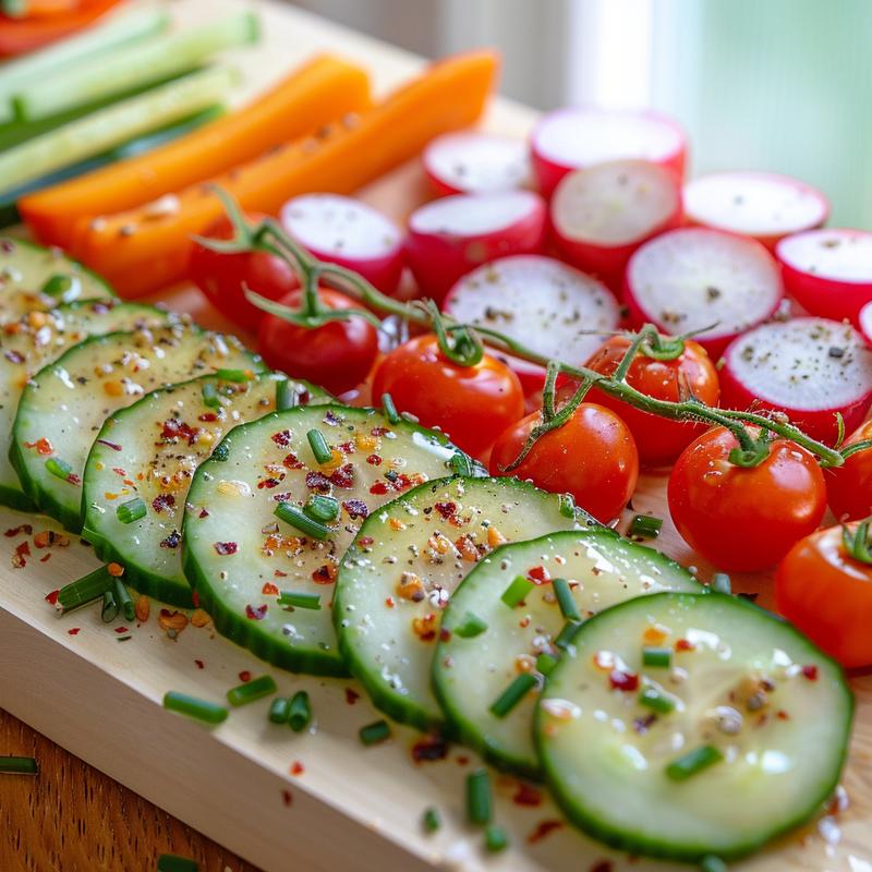 Close-up of fresh Mediterranean vegetables on a wooden board.