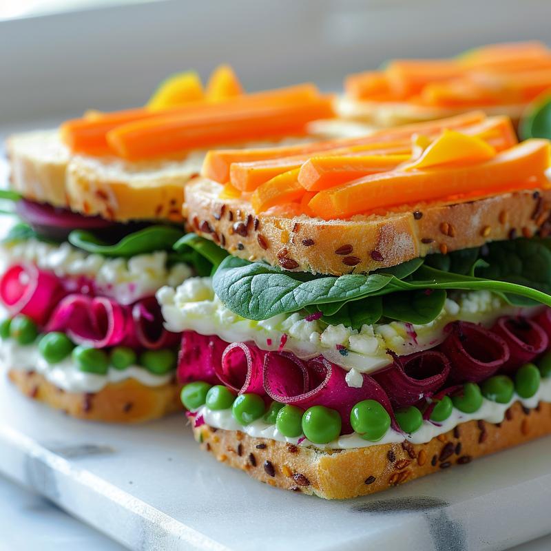 Colorful layered sandwiches filled with vegetables on white marble.