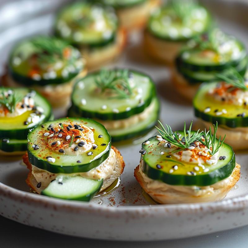 Close-up of cucumber rounds topped with hummus and seasoning.