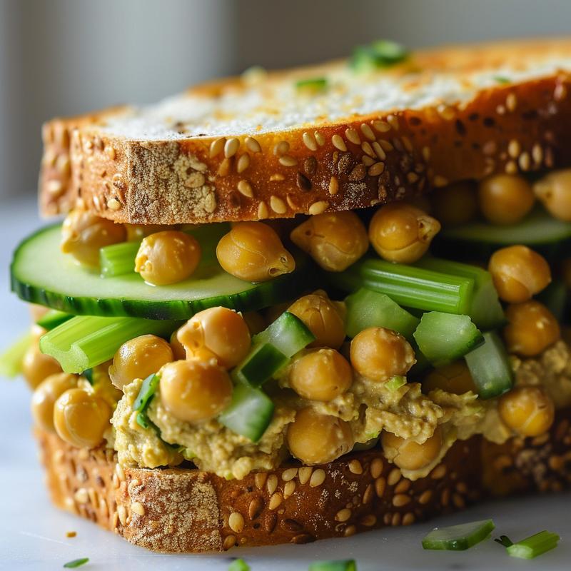 Close-up of a vegan chickpea hummus sandwich on sprouted bread with cucumber.