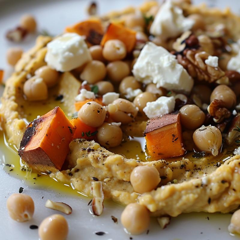 Close-up of sweet potato hummus with feta and nuts.