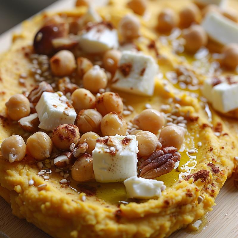 Close-up of vibrant sweet potato hummus with feta and nuts on wood.