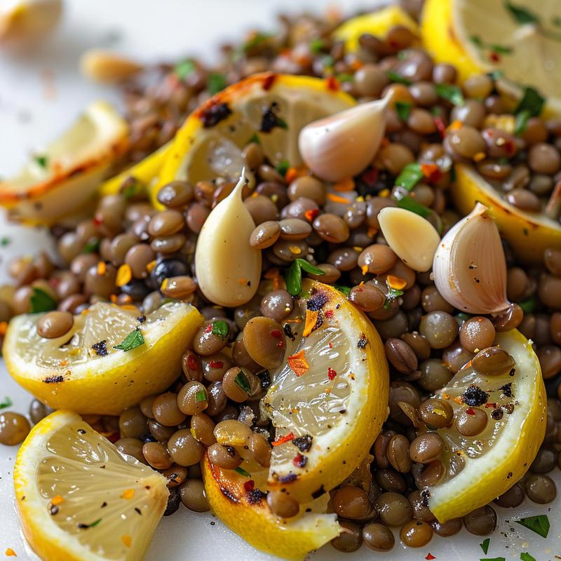 Close-up of Mediterranean lentil salad with visible lemon, garlic, and spices on white marble.