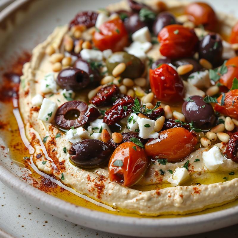 Close up of hummus dip with feta, olives, sundried tomatoes, and pine nuts.