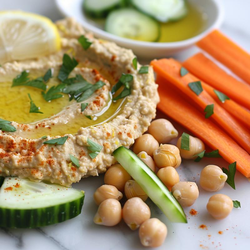 Close-up of zesty lemon hummus with vegetable sticks.