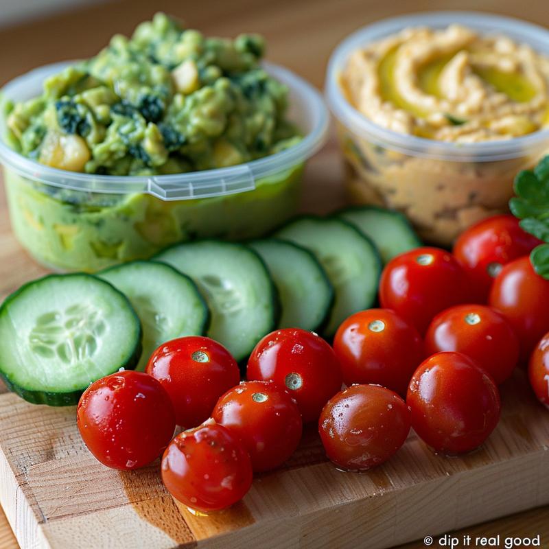 Close-up of a wooden dipper board with hummus, guacamole, spinach dip, tomatoes, and sliced cucumber.