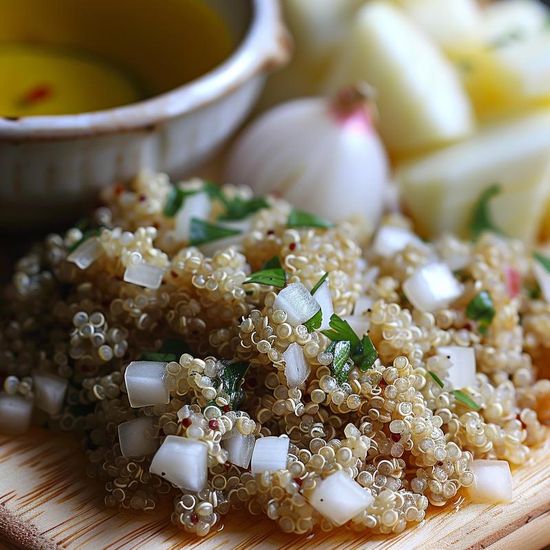 Close-up of vegan Moroccan bowl ingredients on a light wood board.
