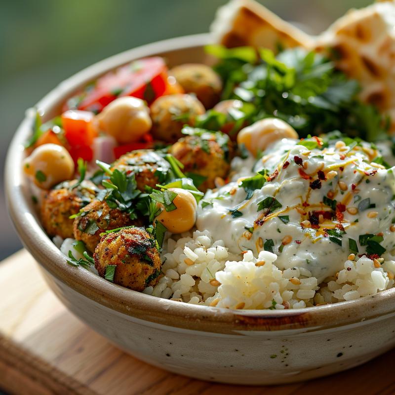 Close-up of a vegan Mediterranean bowl with falafel and tzatziki.