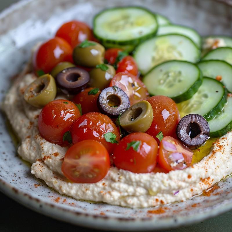 Close-up of Greek-style hummus topped with olives, tomatoes, cucumbers, and red onion on a light grey plate.