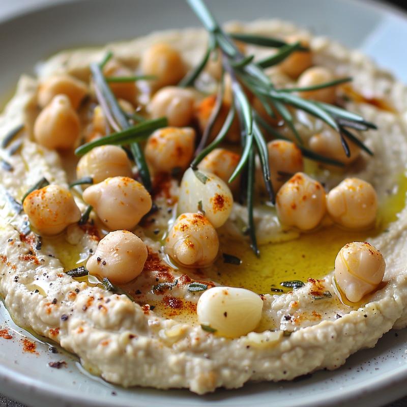 Close-up of creamy white bean and hummus dip with roasted garlic and rosemary on a light grey plate.