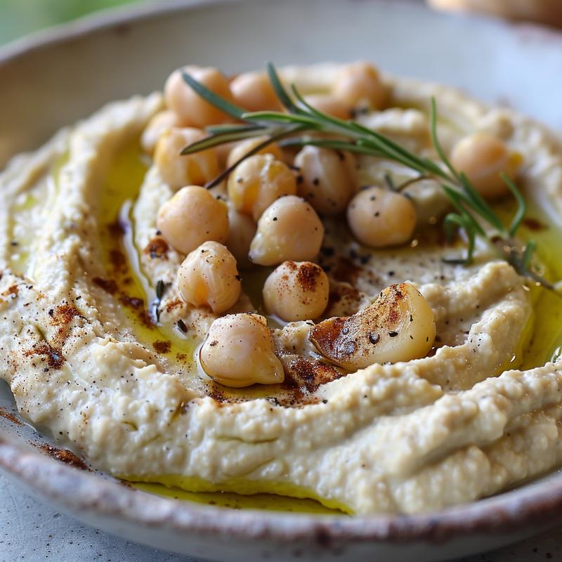 Close-up of creamy hummus with roasted garlic and rosemary on a grey plate.