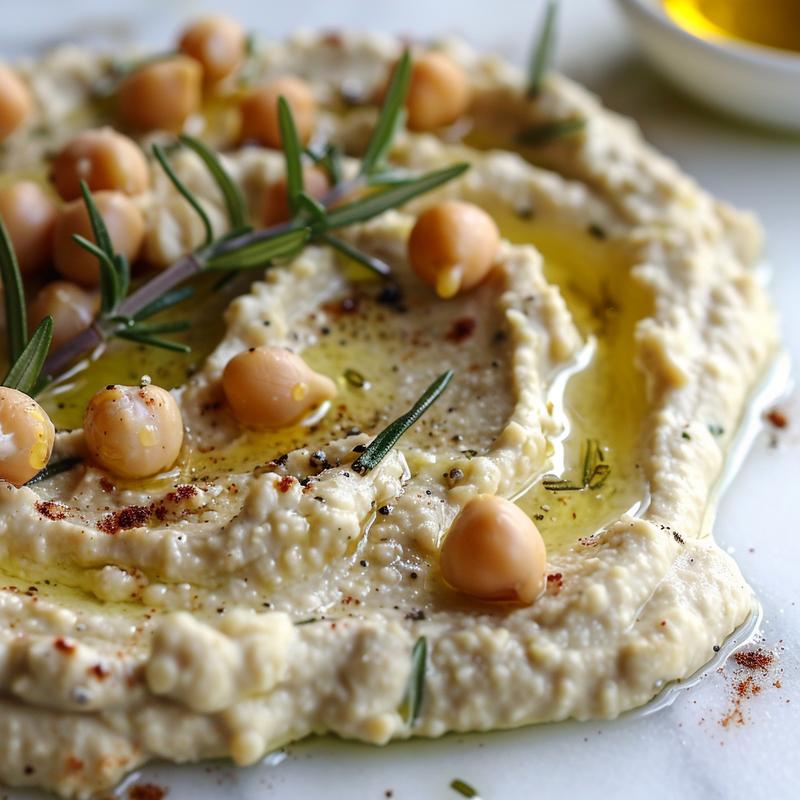 Close-up of creamy white dip with garlic and rosemary.