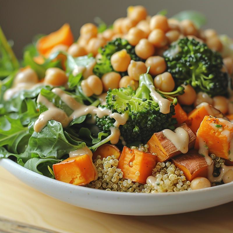 Close-up of a vegan quinoa bowl with tahini dressing.