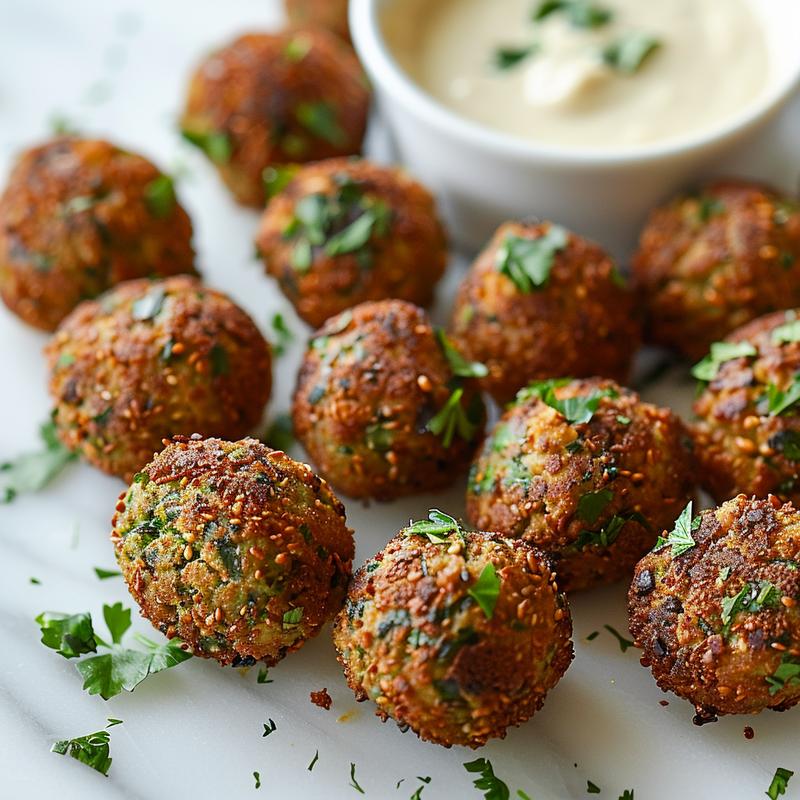 Close-up of falafel balls with tahini dip on marble.