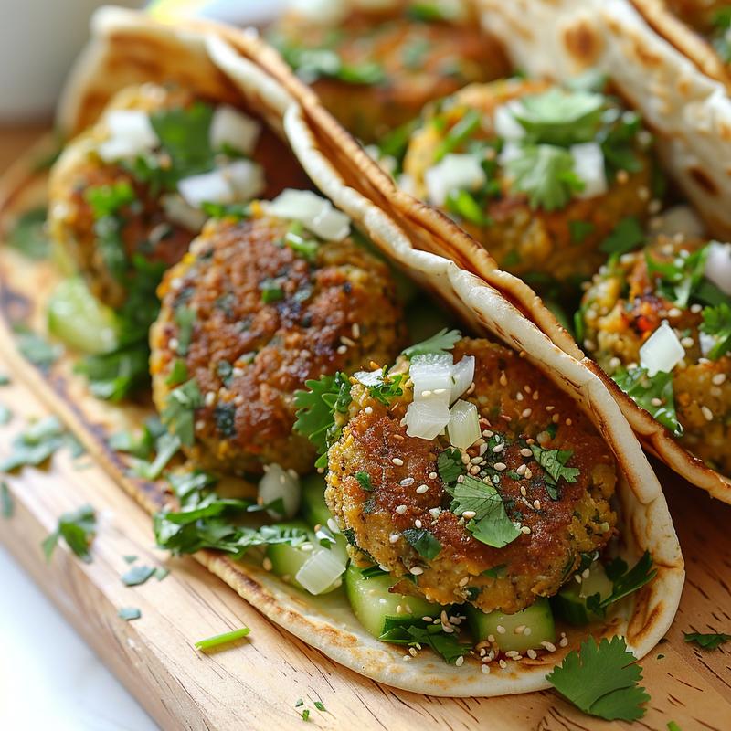 Close-up of a falafel wrap showing falafel, vegetables, and sauce.