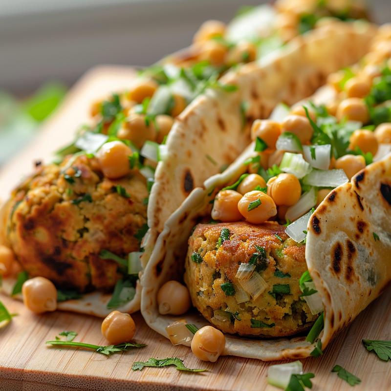 Close-up of falafel wrap ingredients: chickpeas, onion, garlic, parsley, cilantro on wood.