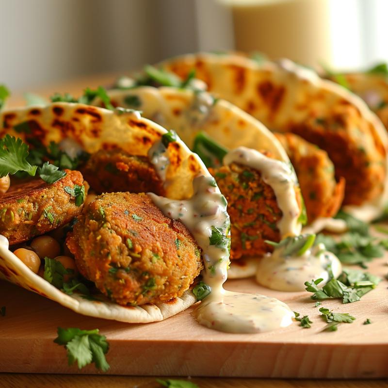 Close-up of a vegan falafel wrap with yogurt sauce on a light wood board.