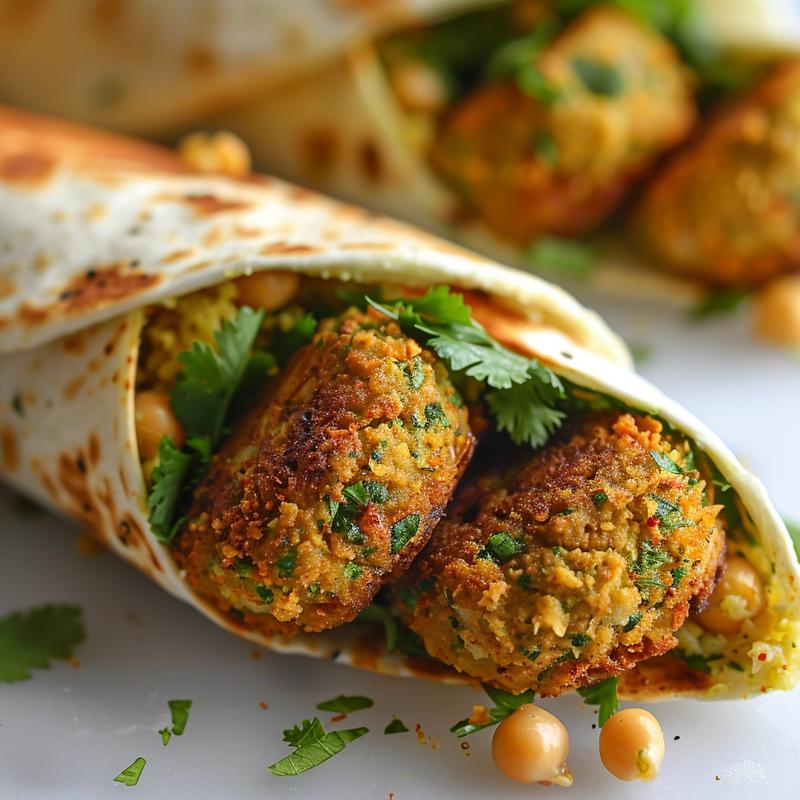 Close-up of a falafel wrap with visible chickpeas, parsley, and garlic.