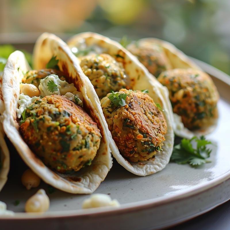 Close-up of a vegan falafel wrap on a light grey plate.