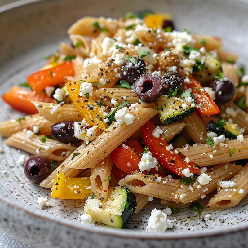 Close-up of Mediterranean pasta dish with vegetables, olives, and feta.