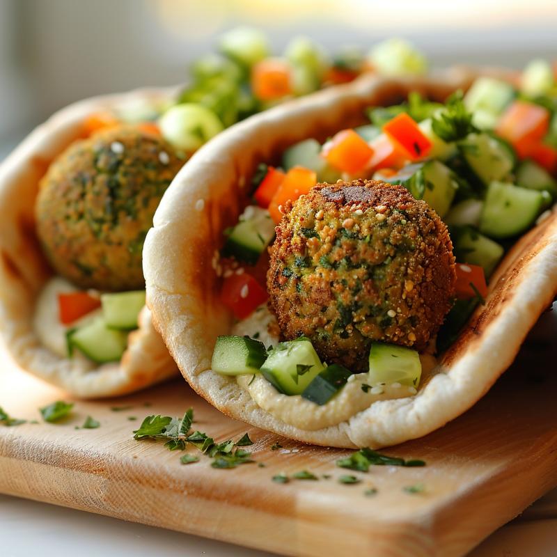 Close-up of a falafel sandwich with vegetables and tahini sauce on a wooden board.