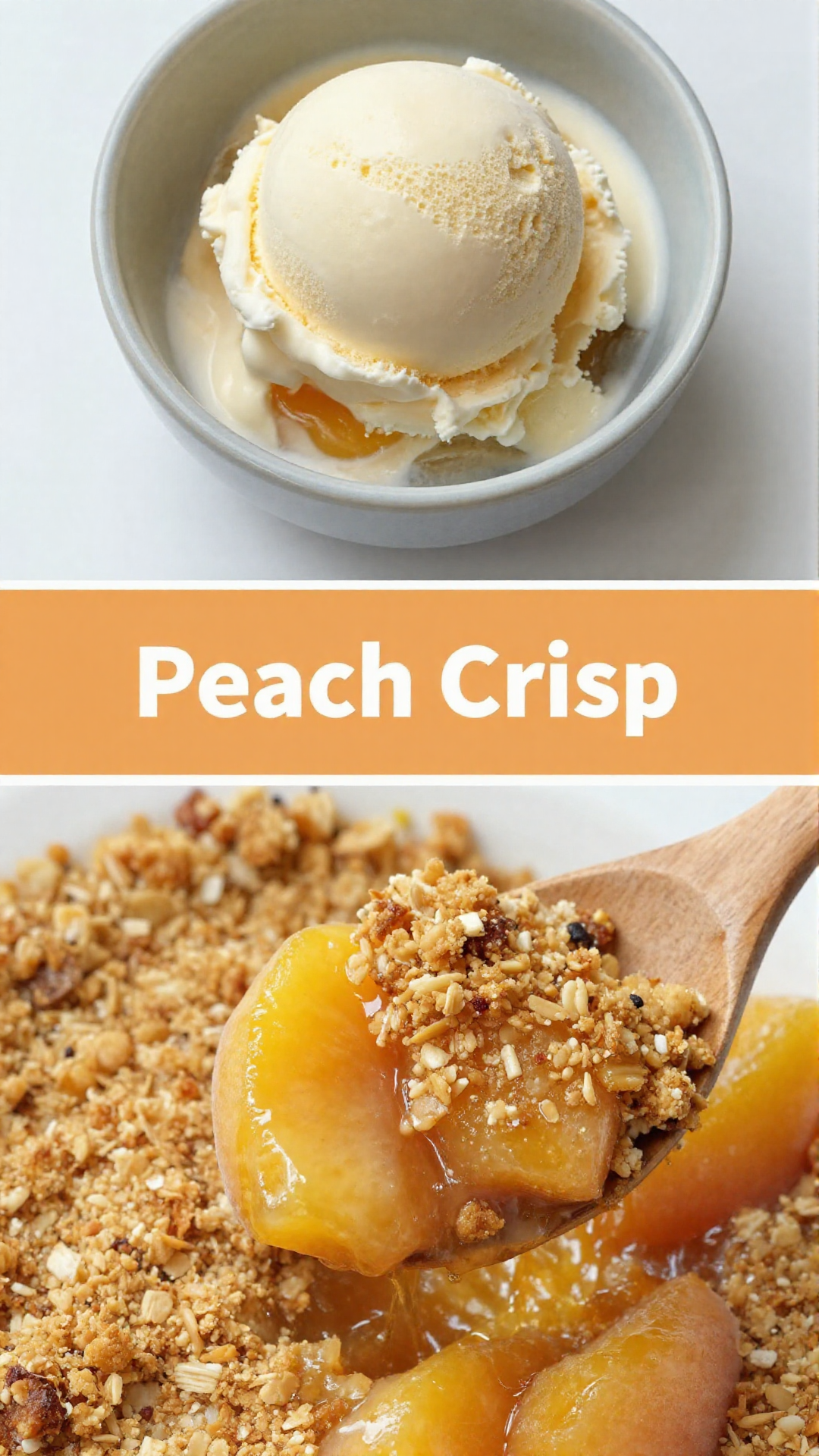 Close-up of a golden-brown peach crisp in a baking dish, topped with a scoop of melting vanilla ice cream.