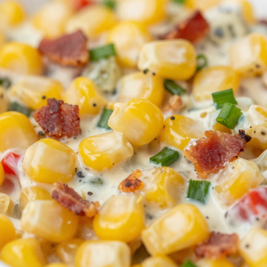 A vibrant bowl of crack corn salad, featuring yellow corn kernels, red bell pepper, green onions, and a creamy white dressing, garnished with fresh cilantro, on a rustic wooden table.