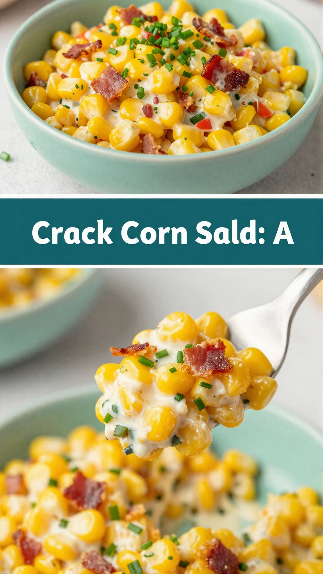 A vibrant bowl of crack corn salad, featuring yellow corn kernels, red bell pepper, green onions, and a creamy white dressing, garnished with fresh cilantro, on a rustic wooden table.