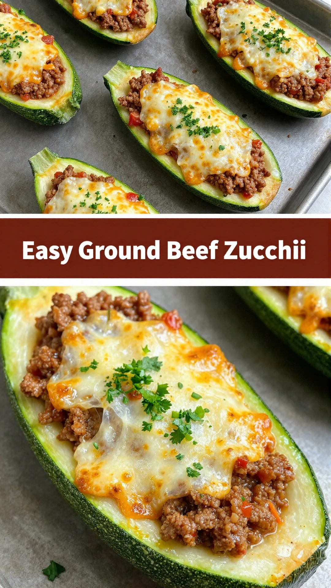 Close-up of three ground beef zucchini boats baked in a white dish, garnished with fresh parsley.