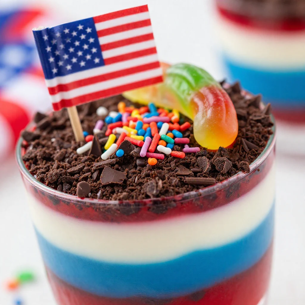 Colorful red, white, and blue dirt cups filled with layers of cake and whipped cream