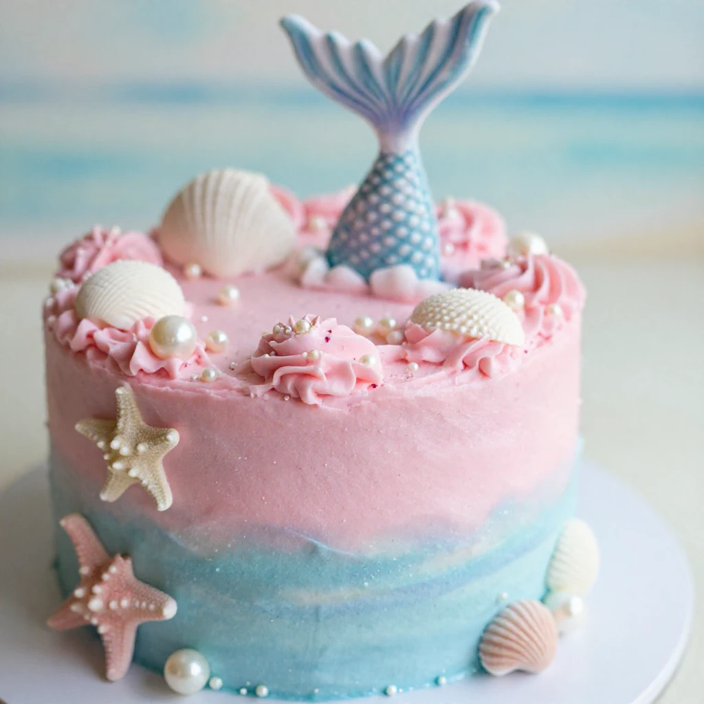 A beautifully decorated mermaid birthday cake with vibrant colors and sea-themed decorations
