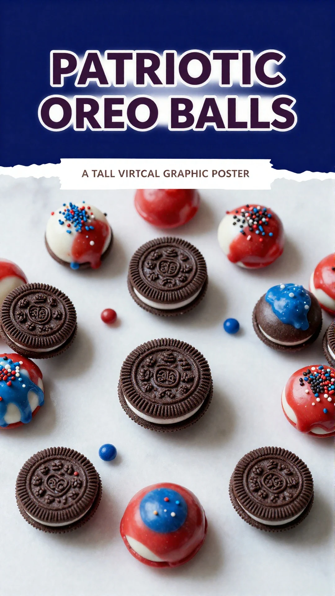 A close-up of patriotic Oreo balls decorated with red, white, and blue sprinkles on a white plate.