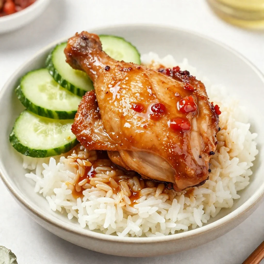 A plate of sweet chili glazed Thai boneless chicken thighs garnished with fresh herbs