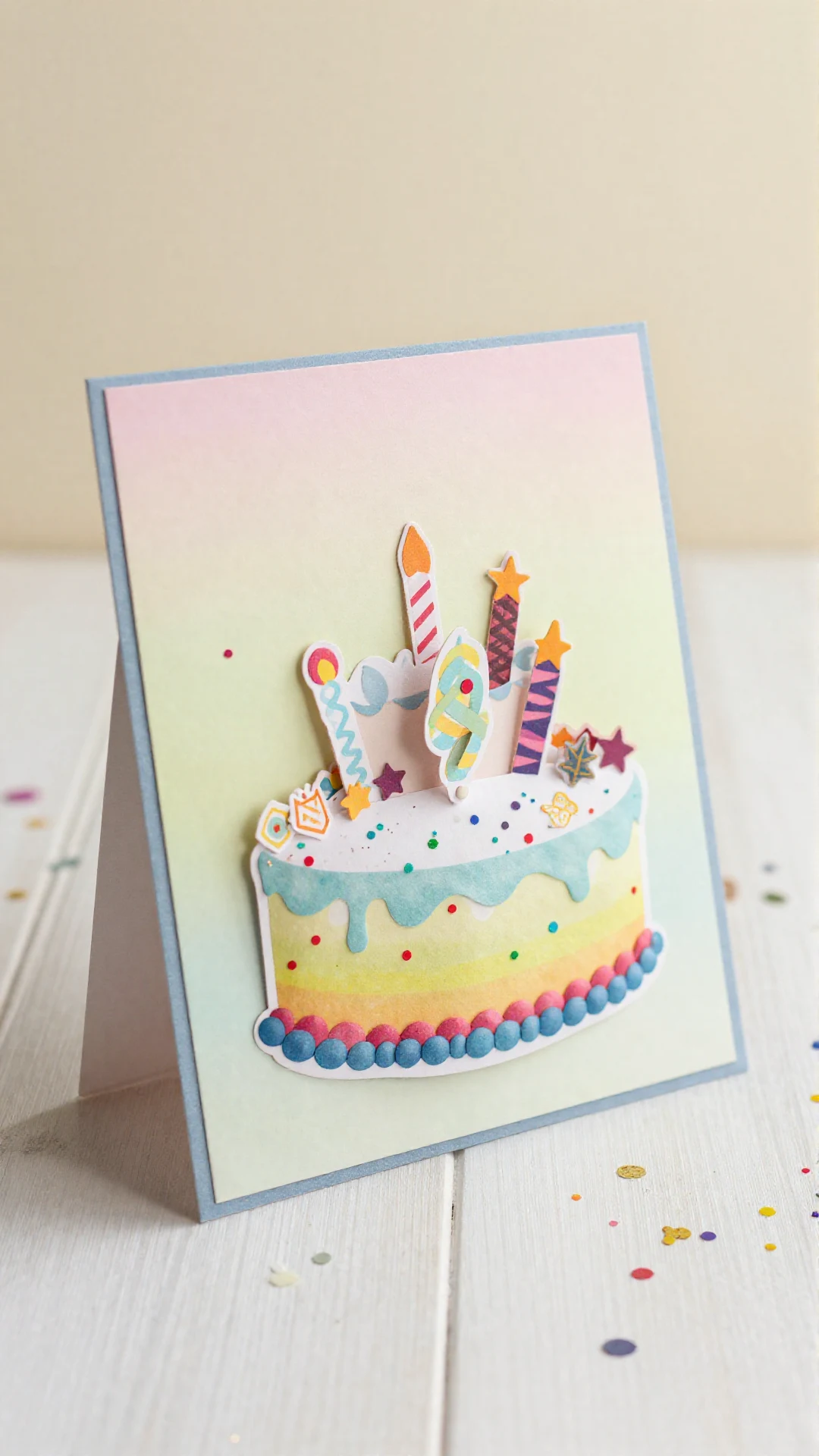 A colorful pop-up birthday cake card with vibrant decorations